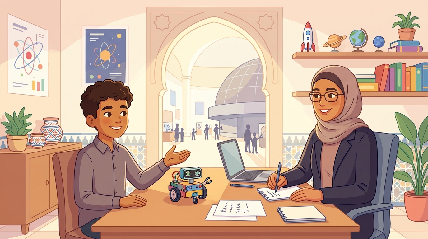 Au musée des sciences, Karim, en chemise, parle avec assurance à Ms. Ines qui prend des notes ; son petit robot est sur la table, le planétarium au fond